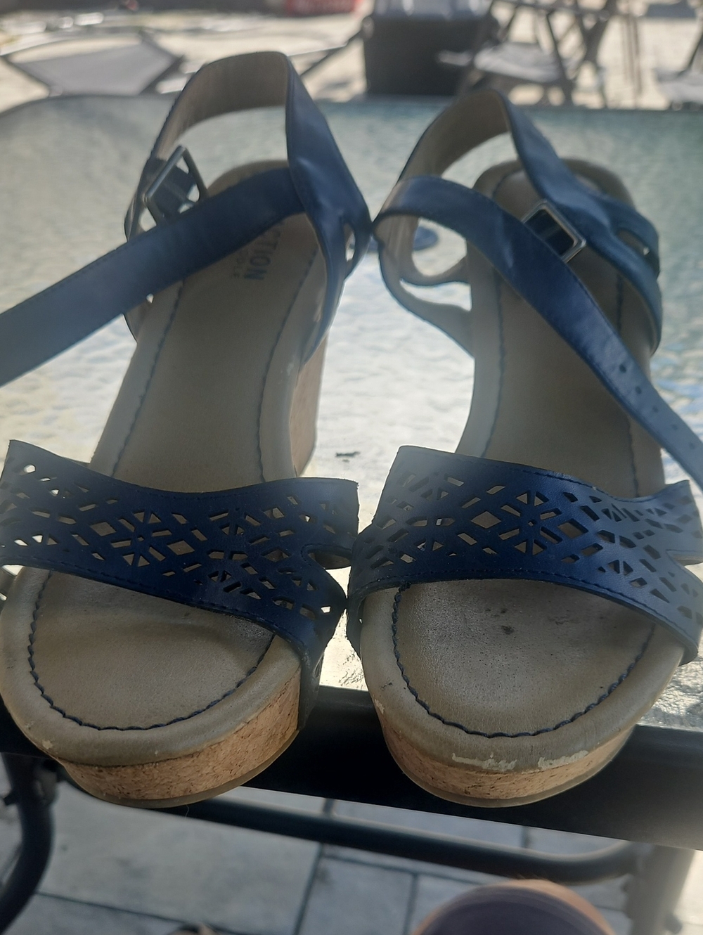 Kenneth Cole Reaction Navy Laser-Cut Wedge Sandals